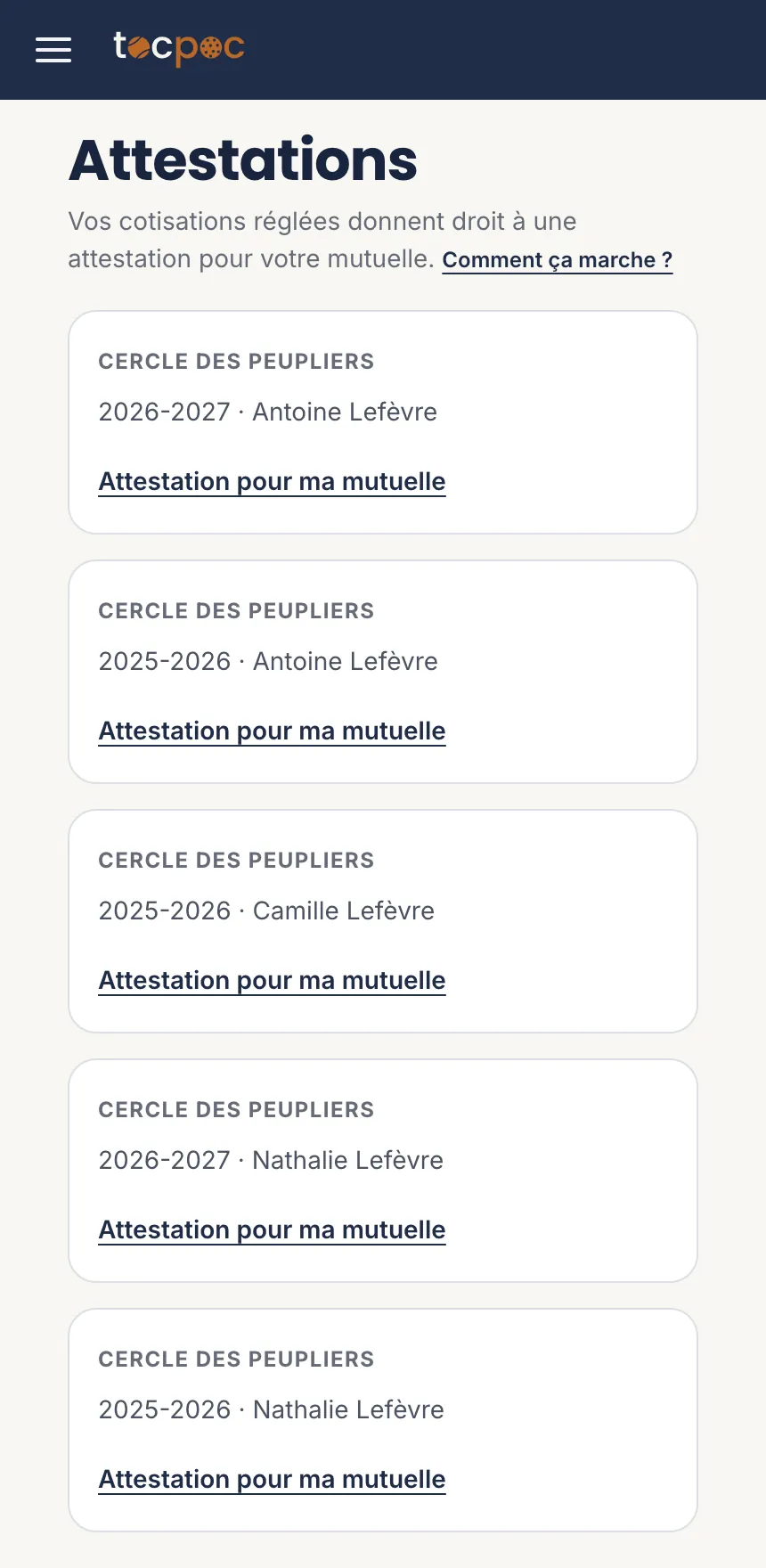 La page «&nbsp;Attestations&nbsp;»&nbsp;: une carte par cotisation payée, avec la saison, le nom de la personne et le lien «&nbsp;Attestation pour ma mutuelle&nbsp;»