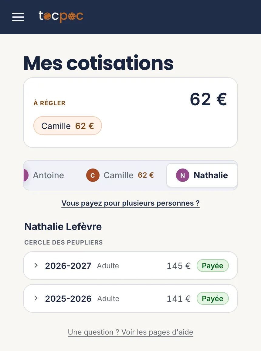L’écran des cotisations d’un membre, saison par saison, avec leur statut