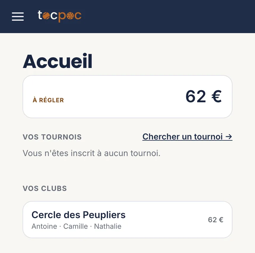 L’accueil de Mon espace, avec le menu qui mène aux cotisations, aux tournois et aux joueurs