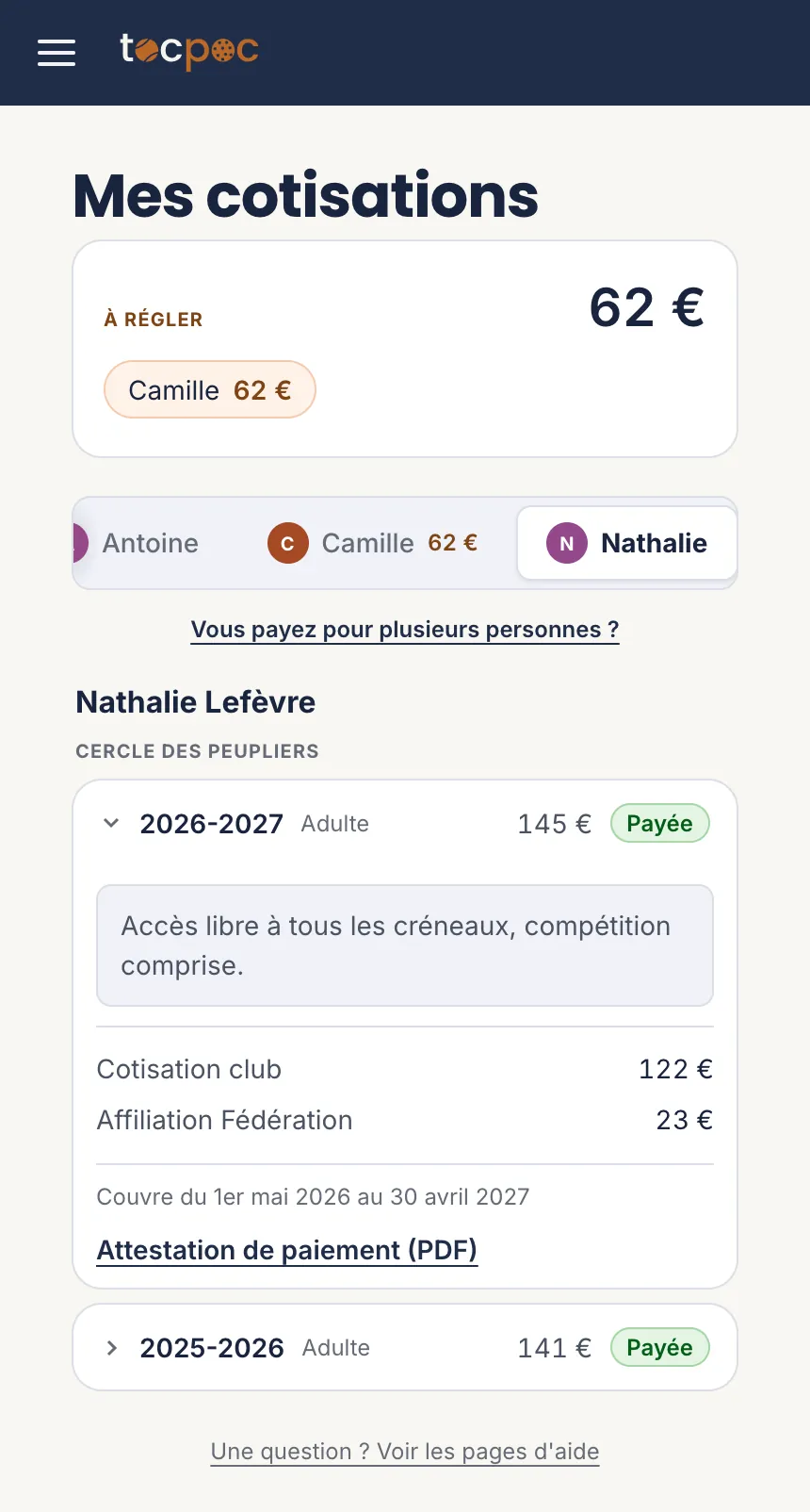 «&nbsp;Mes cotisations&nbsp;»&nbsp;: un onglet par personne, et les cotisations de la personne choisie, marquées «&nbsp;Payée&nbsp;»