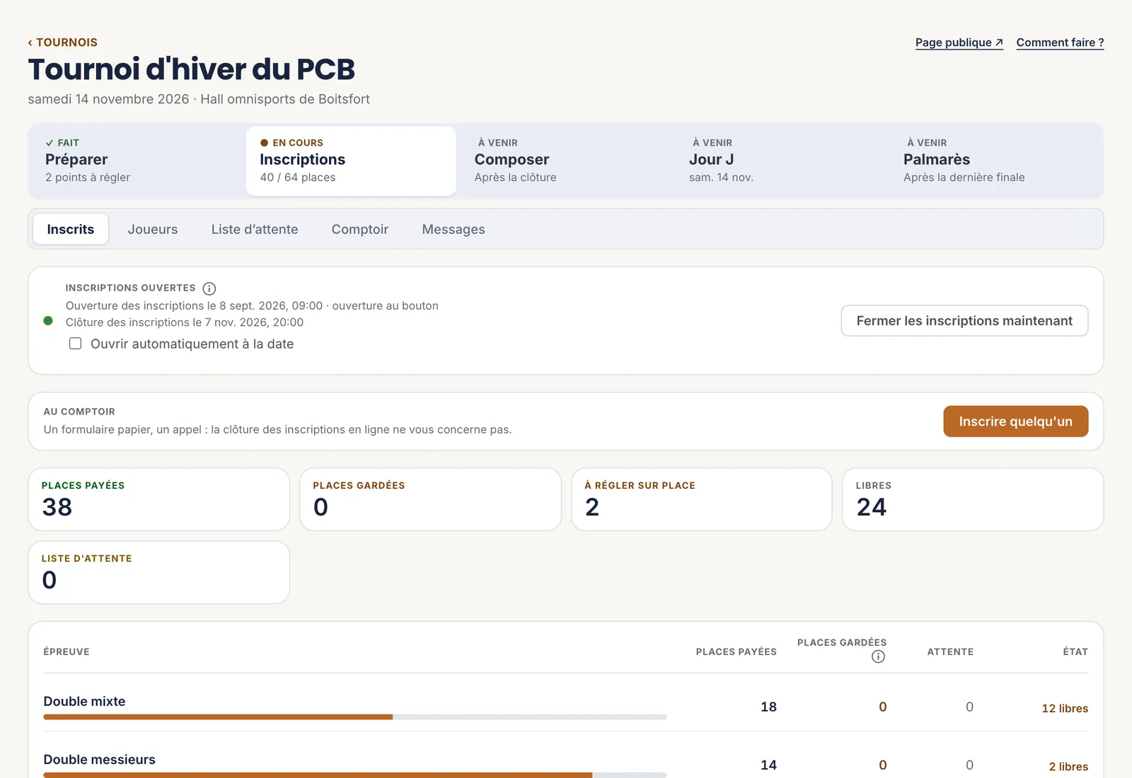L’onglet Inscrits&nbsp;: la carte Inscriptions ouvertes avec ses dates et le bouton Fermer les inscriptions maintenant, puis les compteurs de places