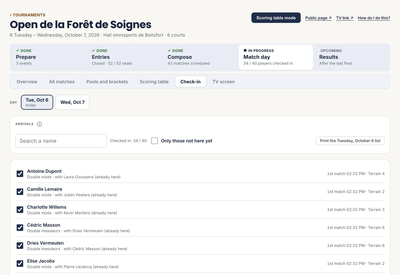The Check-in tab: the search box, the Only those not here yet filter, and the list of players ticked on arrival