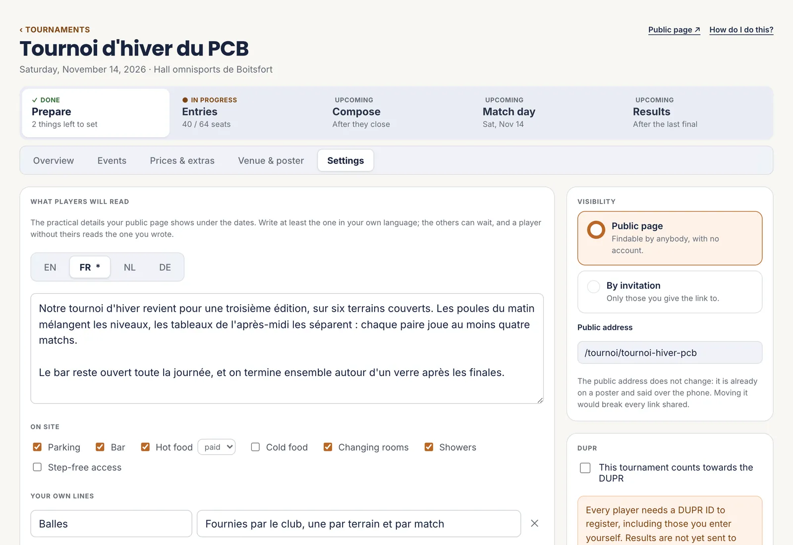 The Settings tab: the description per language, what there is on site, and the tournament’s visibility on the right