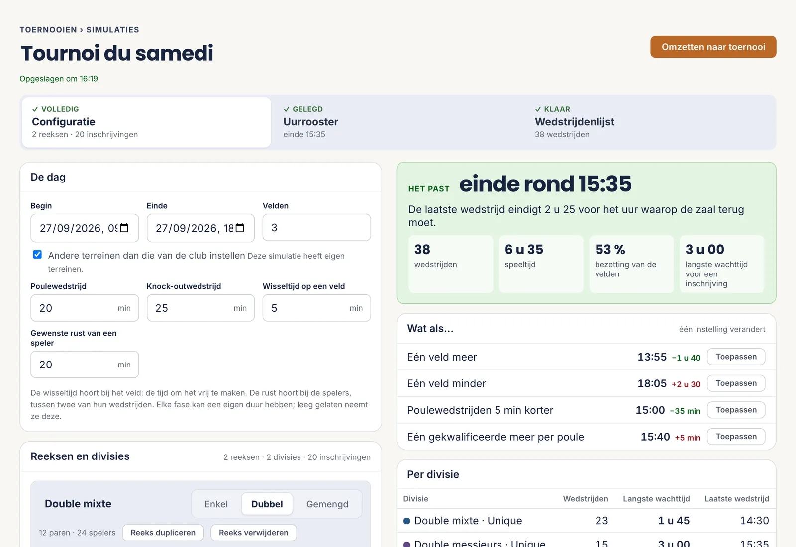 De configuratie van een simulatie: de dag en de duurtijden links, het oordeel rechts, de onderdelen eronder