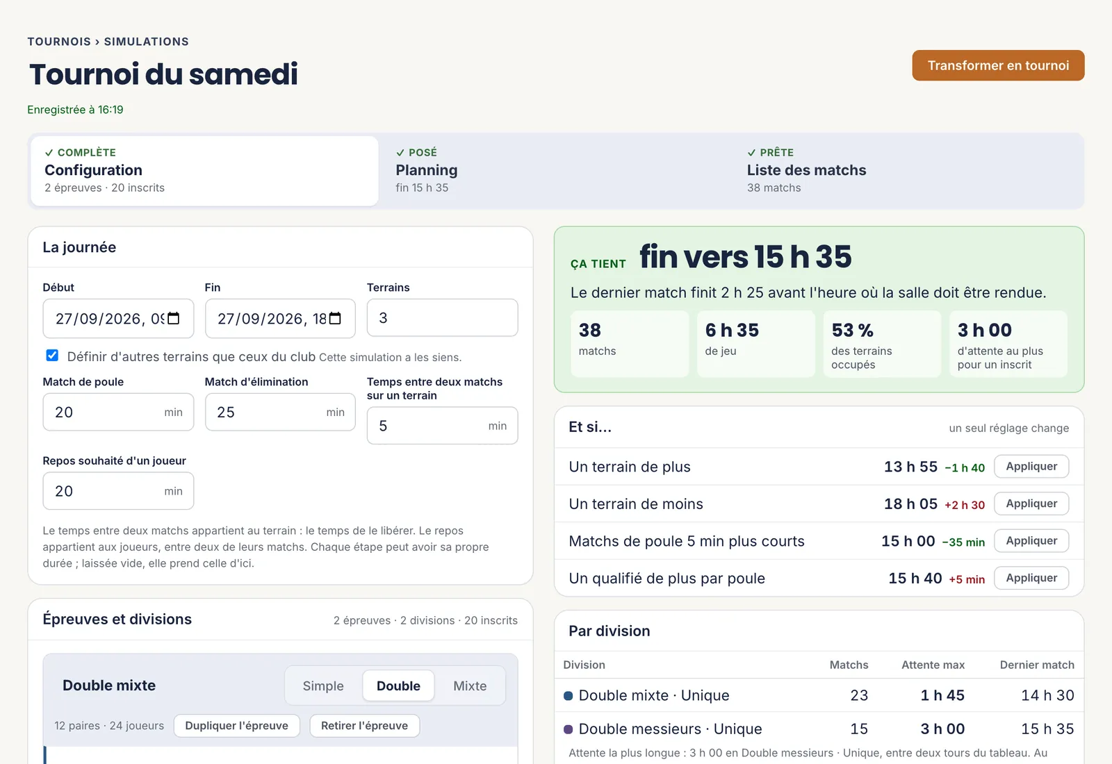 La configuration d’une simulation&nbsp;: la journée et ses durées à gauche, le verdict à droite, les épreuves en dessous