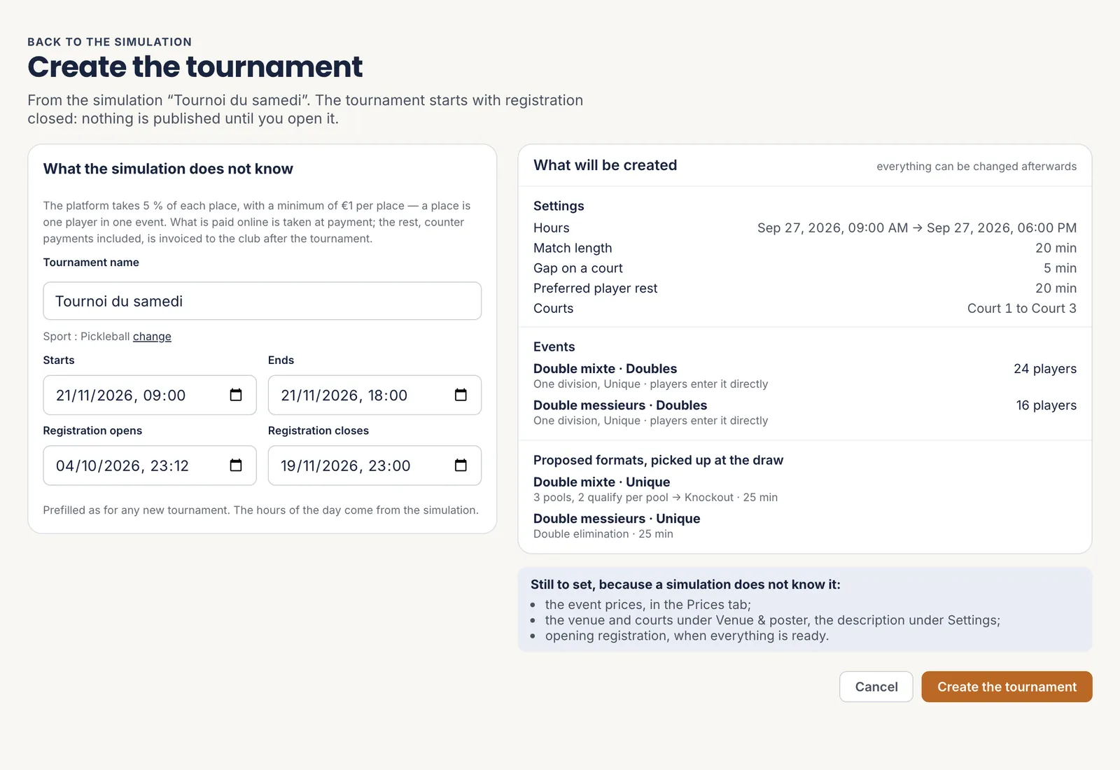 The Create the tournament page: the dates to choose on the left, what will be created on the right, and the list of what remains to be set