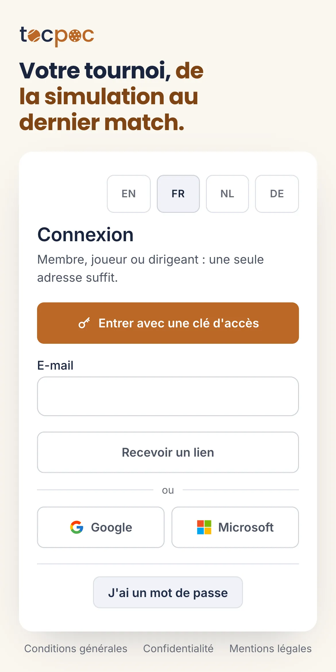 La page de connexion sur un téléphone&nbsp;: le bouton «&nbsp;Entrer avec une clé d’accès&nbsp;» en tête, puis le lien par e-mail, Google et Microsoft