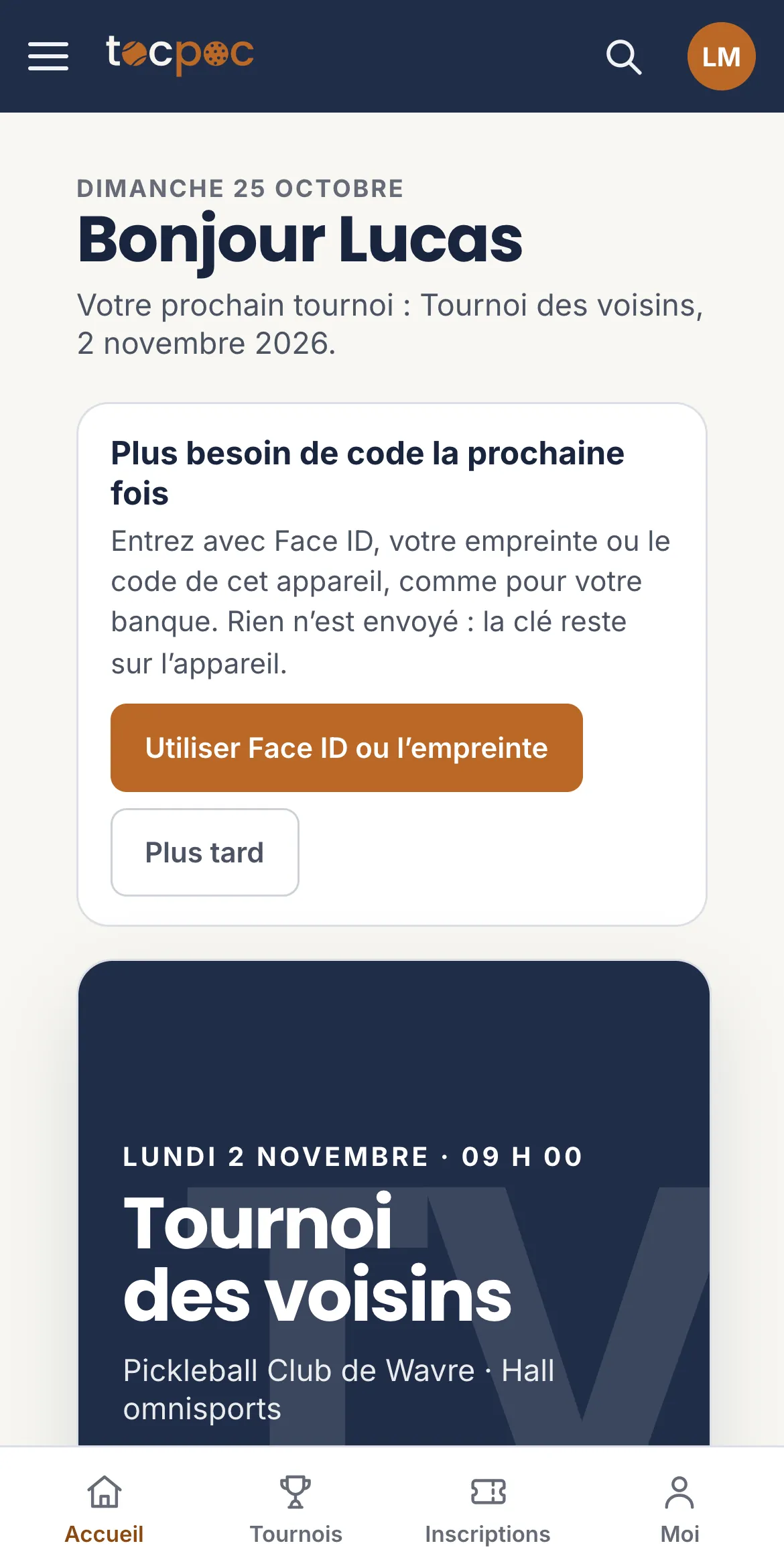 L’espace du joueur juste après sa connexion&nbsp;: «&nbsp;Plus besoin de code la prochaine fois&nbsp;», avec le bouton «&nbsp;Utiliser Face ID ou l’empreinte&nbsp;»