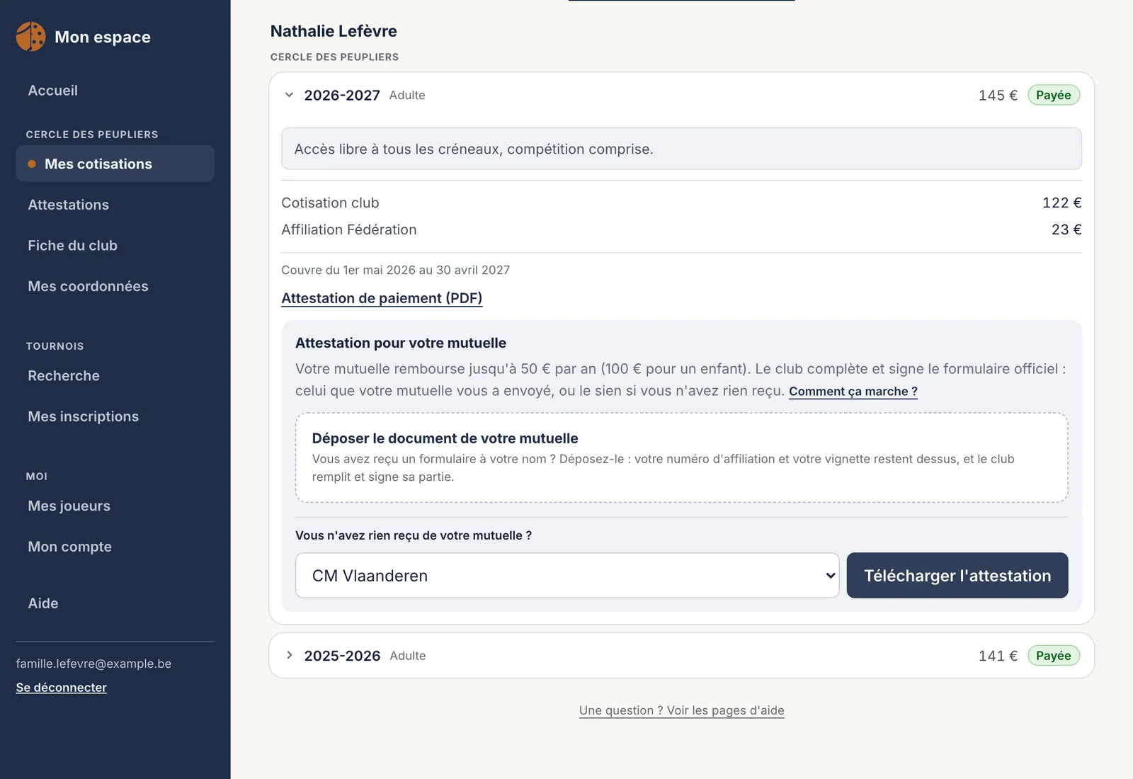 A member's area: their fees season by season and the health-fund form to download, already completed by the club