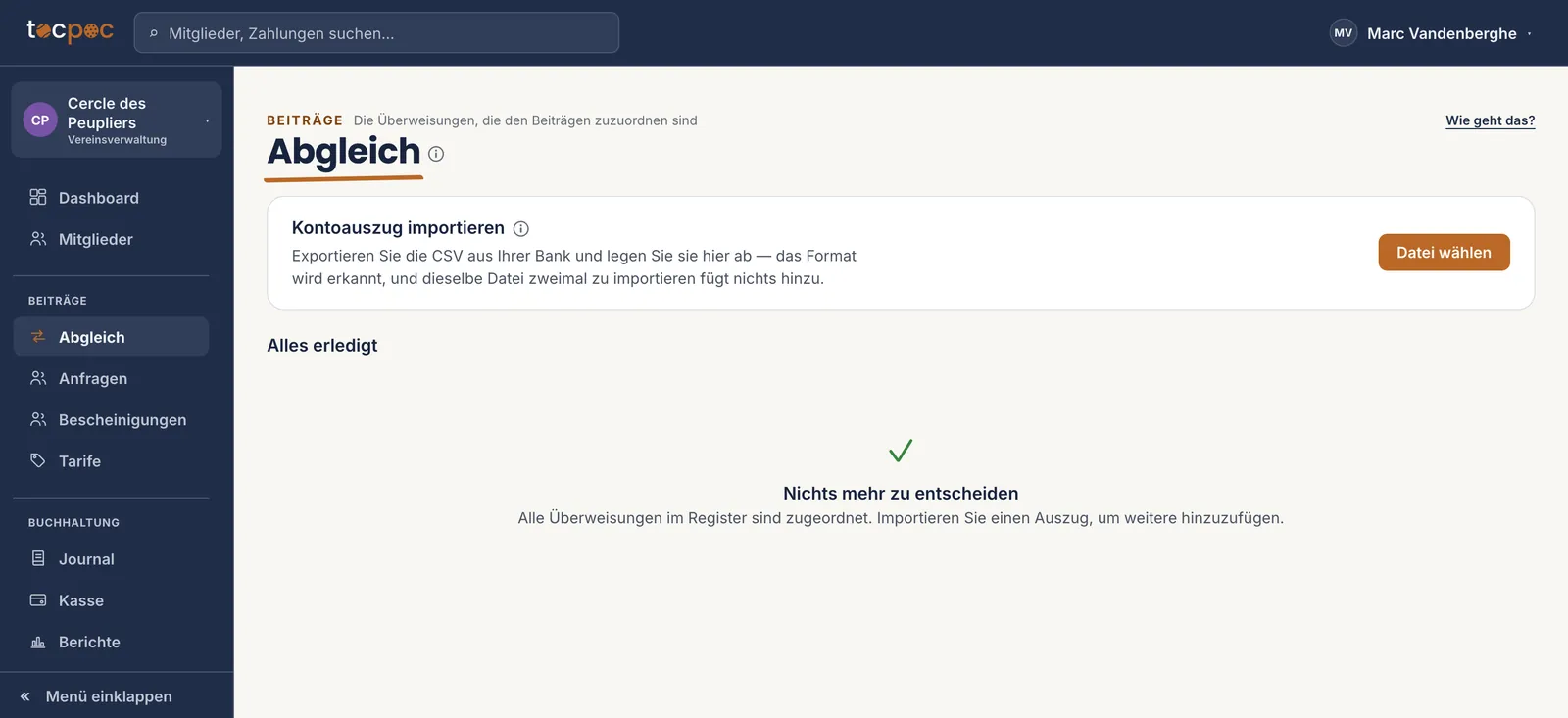 Der Bildschirm Abgleich&nbsp;: der Block «&nbsp;Kontoauszug importieren&nbsp;» mit seiner Erklärung und der Schaltfläche Datei wählen, dann die Zahlungen zum Prüfen