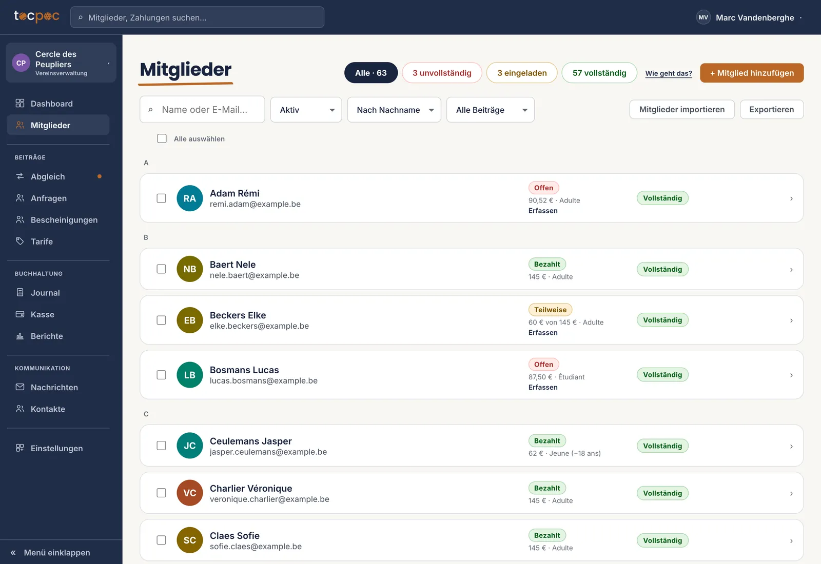 Die Mitgliederliste&nbsp;: eine Zeile pro Person mit ihrem Beitragsstatus, bezahlt, teilweise oder offen