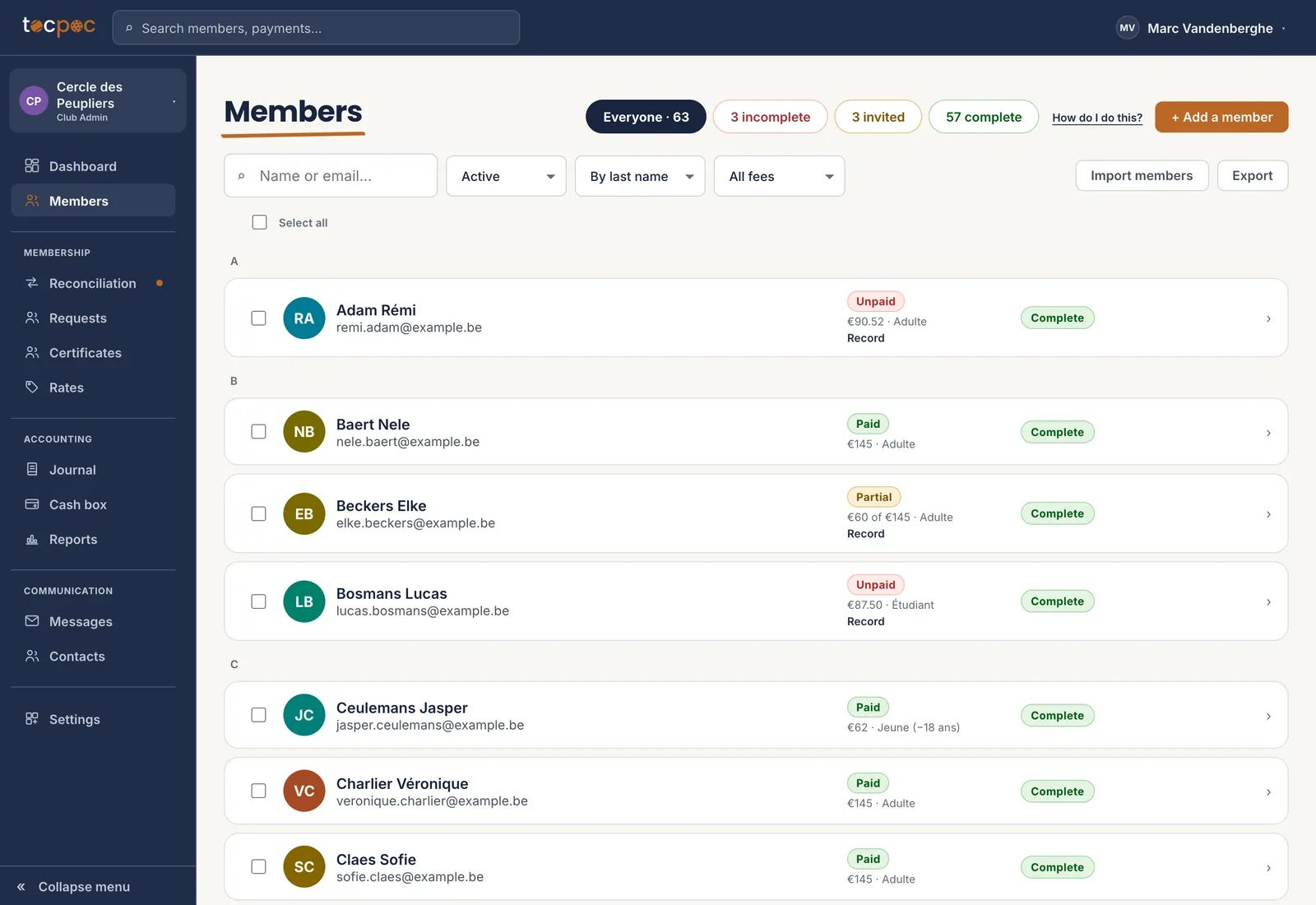 Membership list: fee status paid, partial or unpaid, amount and rate category for each of the 63 members