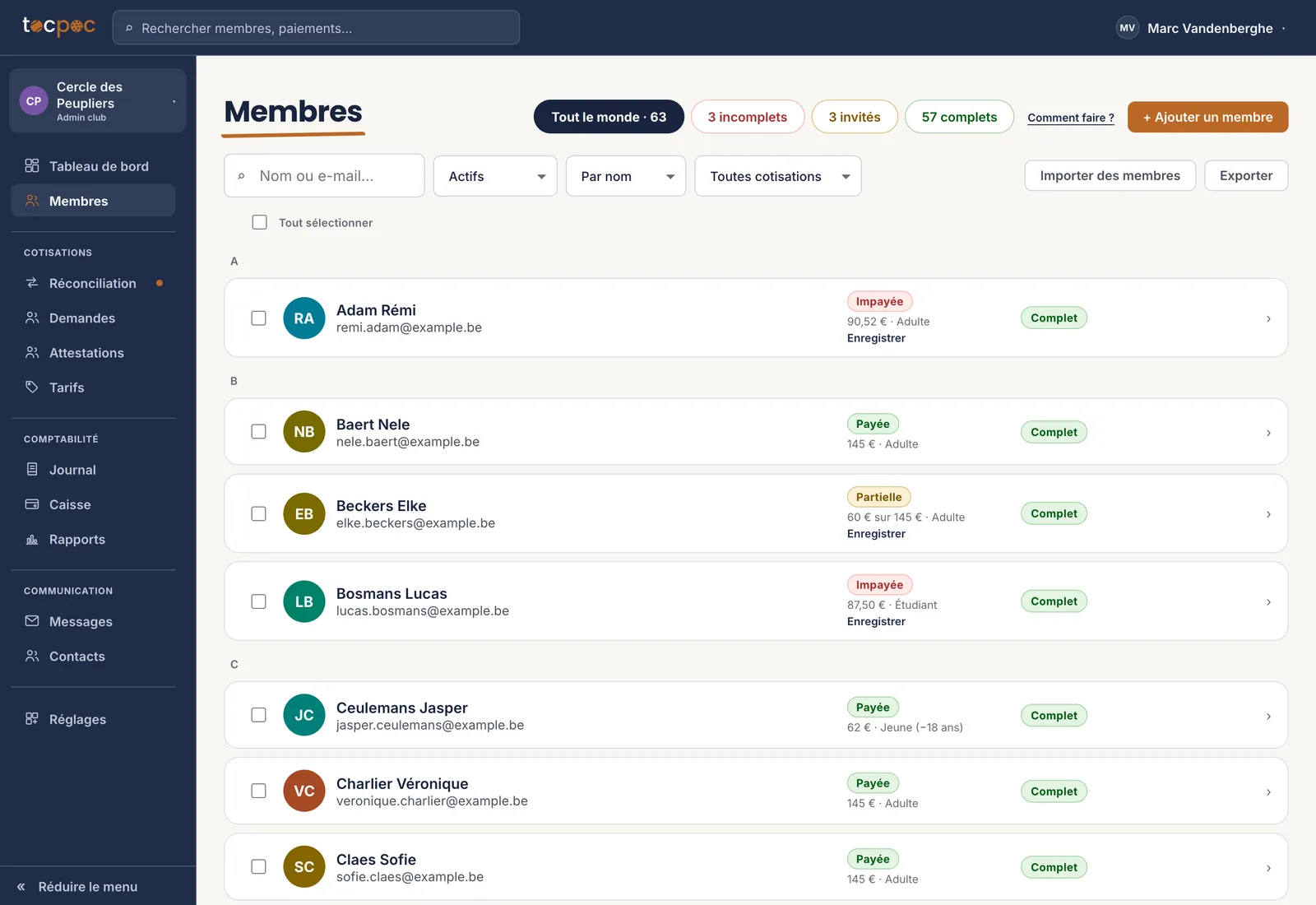La liste des membres d’un club, avec les compteurs en haut et le bouton Importer des membres