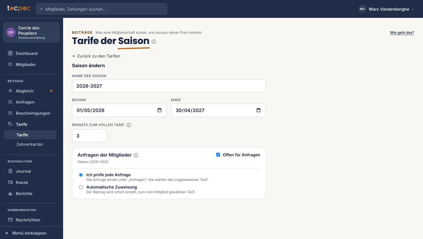 Das Formular der Saison&nbsp;: der Name, das Anfangs- und das Enddatum, die Zahl der Monate zum vollen Tarif, dann der Block der Mitgliederanfragen