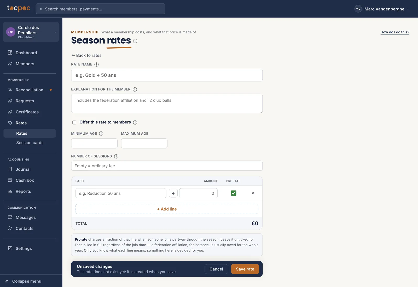 The new rate form&nbsp;: the name, the explanation for the member, the box to offer the rate to members, then the table of lines with label, amount and pro rata, the total, and the text explaining the pro rata