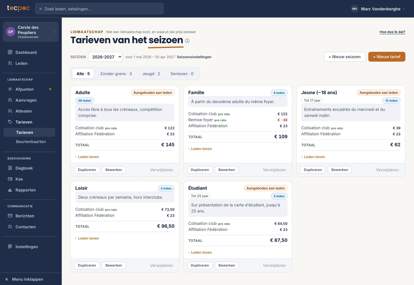 Tarieven van het seizoen 2026-2027: volwassene € 145, gezin € 109, jeugd € 62, recreant € 96,50, student € 87,50, elk regel per regel uitgesplitst