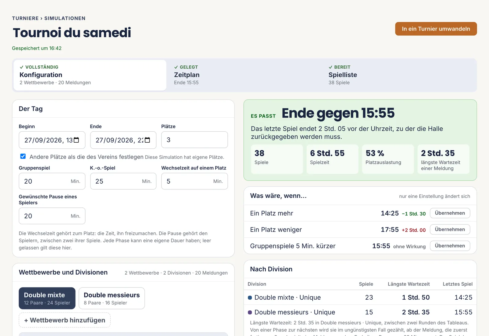 Eine Simulation: der Tag von 9 bis 18 Uhr auf drei Plätzen, das Ergebnis „Es passt, Ende gegen 15:35 Uhr“, 38 Spiele und die Varianten „Was wäre, wenn…“ mit ihrer Endzeit